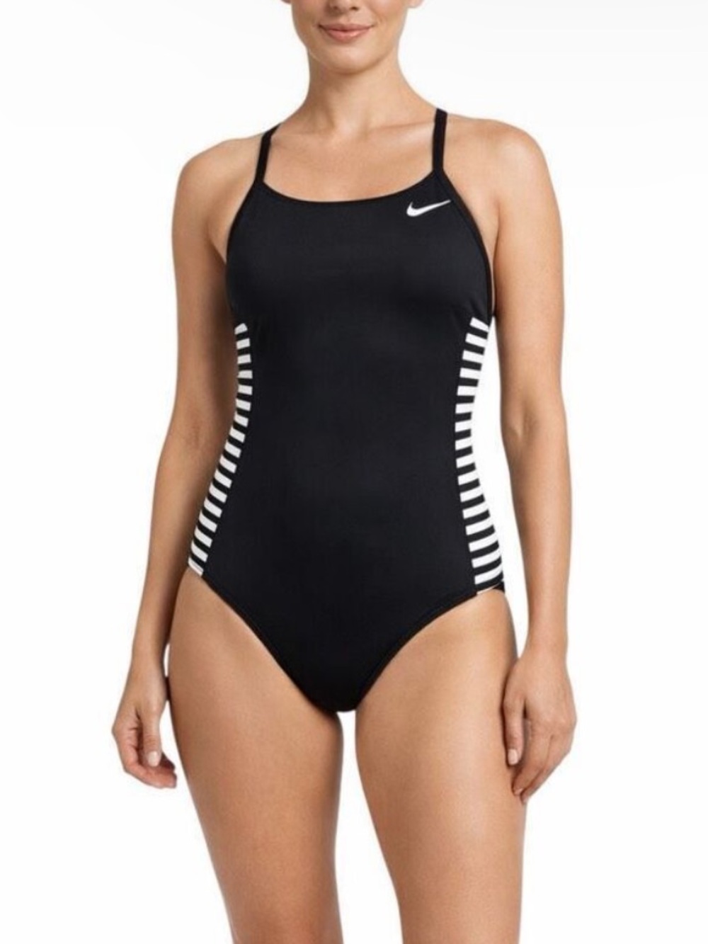 Nike One Piece Swimsuit Black White Stripe Side Beach Athletic Sporty Swim Suit